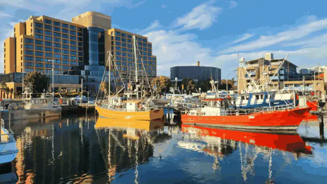Illustrated view of Hobart's waterfront with kunanyi/Mt Wellington behind